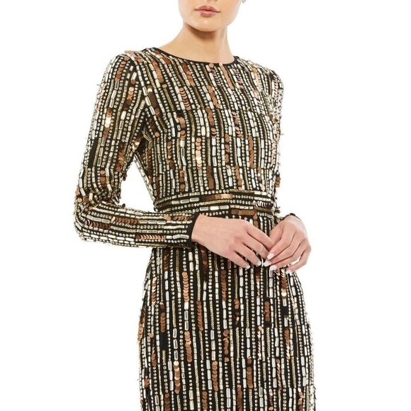 Mac Duggal Size 4 Black Gold 93590 Sequin Beaded Long Sleeve Cocktail Midi Dress - Picture 3 of 9